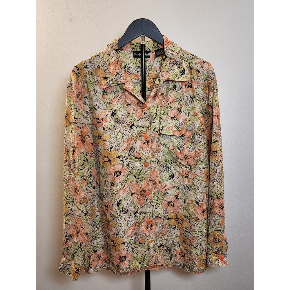 Diane Gilman 100%‎ Silk Floral Button Down Blouse Peach Green Orange Large